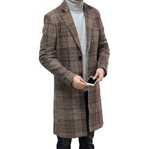 Men's LaMa Casual Plaid Long Trench Coat Khaki